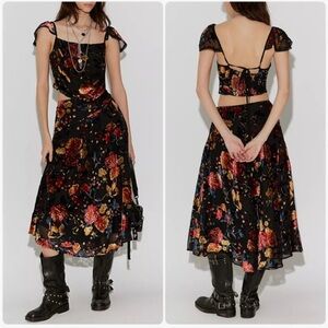 Free People Electra Velvet Floral Black Midi Skirt Set